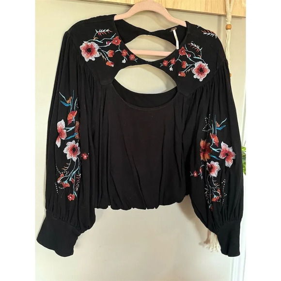 Free People Lita Embroidered Cutout Blouse XS Black Floral Bell Sleeve - Picture 5 of 11